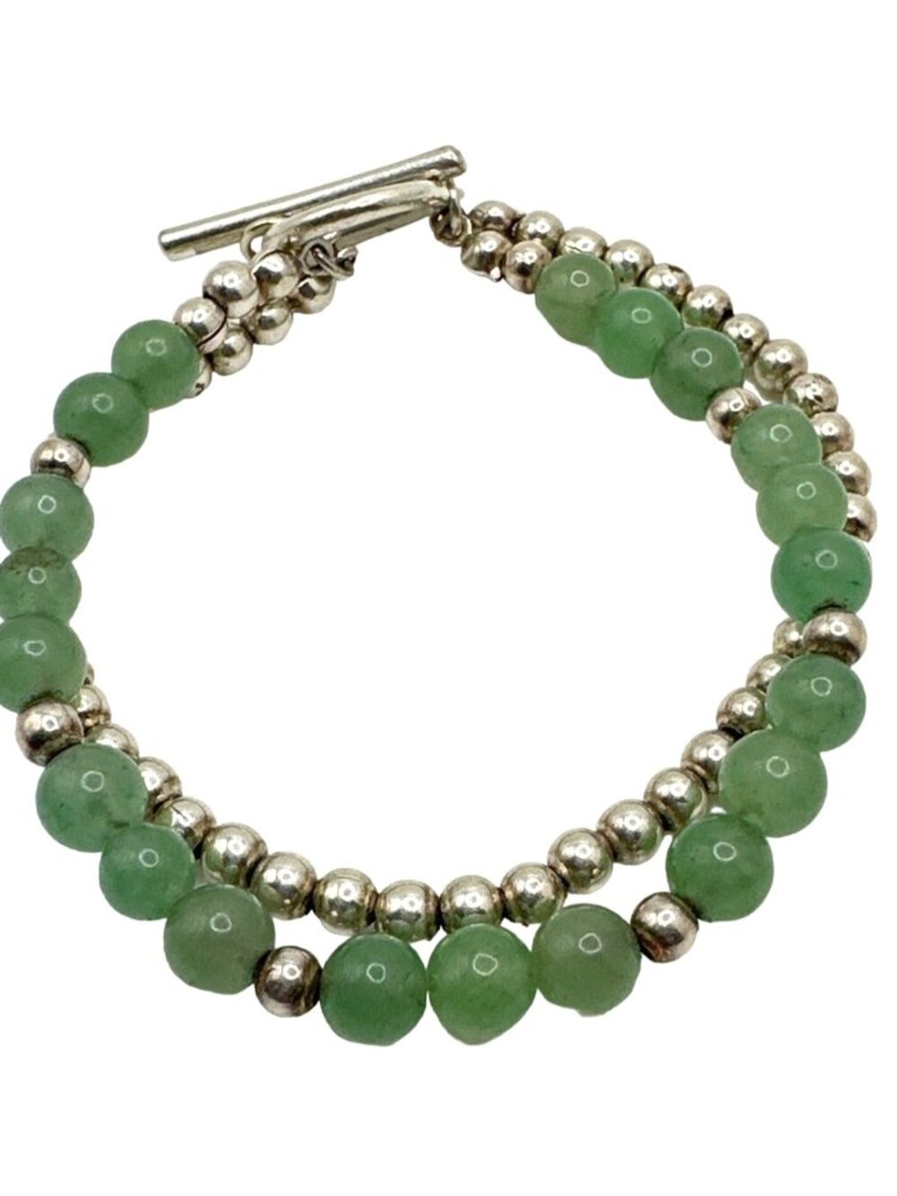 Green Jadeite Bead Bracelet Toggle Clasp Earthy Chic Boho Vintage